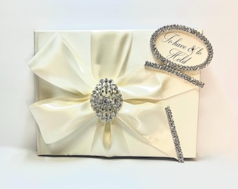 Handmade White or Off White Personalized Satin Wedding Guest Book with Rhinestone Brooch