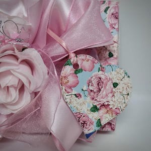 Handmade Gift Box Pink Flowers Pink Satin Ribbon with Matching Gift Tag Gift Box Jewelry Gift Cards Mothers Day Bridesmaids, Decorative Box image 4