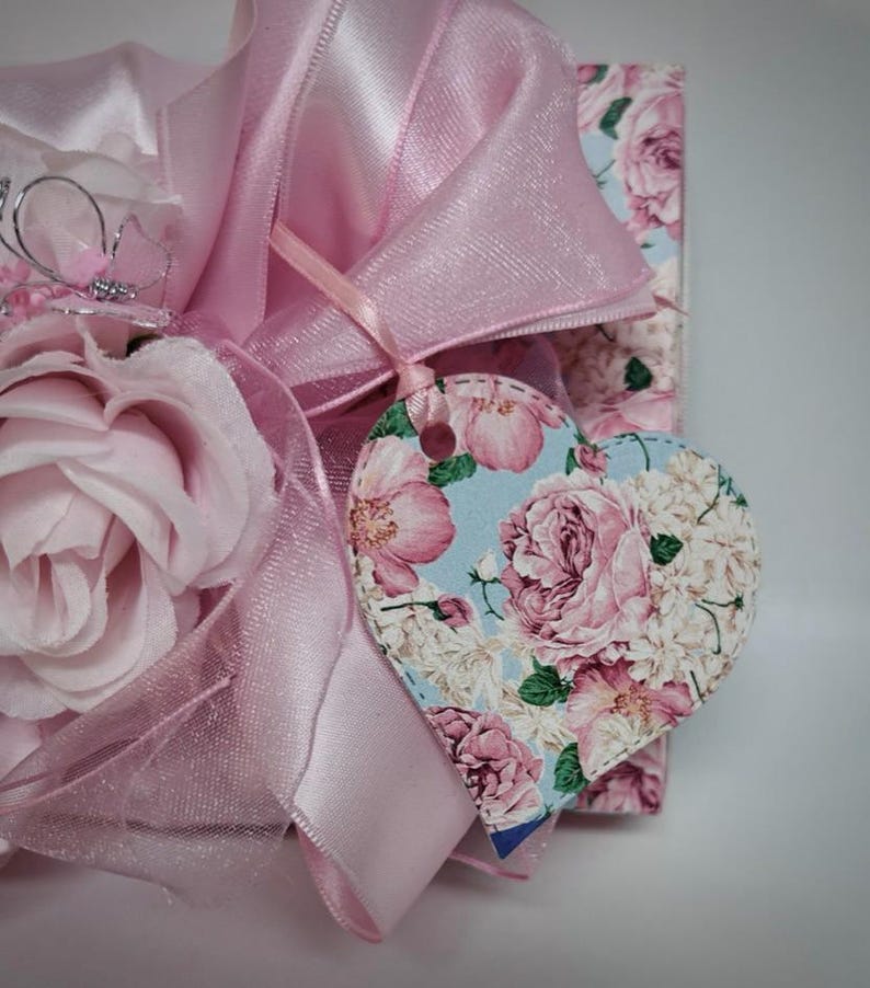 Handmade Gift Box Pink Flowers Pink Satin Ribbon with Matching Gift Tag Gift Box Jewelry Gift Cards Mothers Day Bridesmaids, Decorative Box image 4