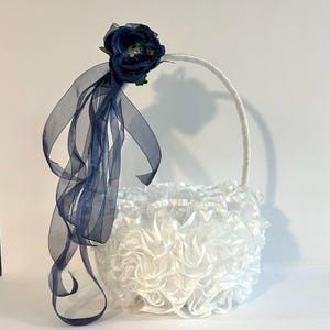 Handmade Ruffled Flower Girl Basket: Navy Blue Rose & Rhinestone