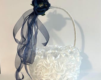 Handmade Ruffled Flower Girl Basket: Navy Blue Rose & Rhinestone