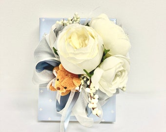 Pale Blue w White Gift Box Baby Gift Box w Teddy Bear & Roses Re-useable Handmade Decorative Boxes