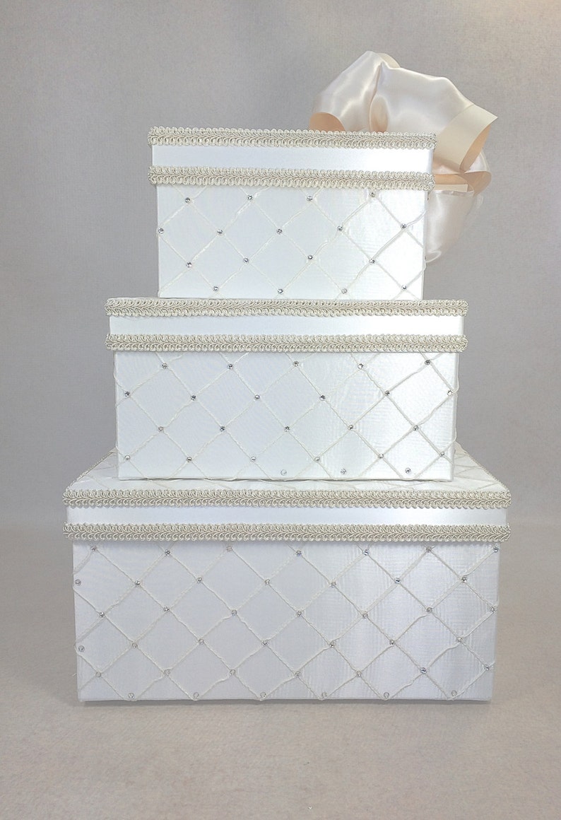 OFF-WHITE only Dramatic Quilted Diamonds Wedding Card Box Wedding Card Holder With Secure Lock White image 4