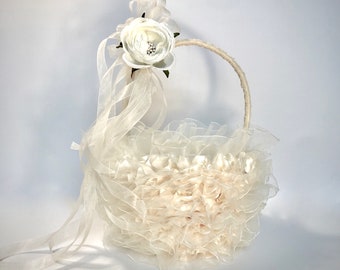Ruffles, Petals, Ivory, Sparkles, Flower Girl Basket,  Handmade, Custom Made, Elegantly.