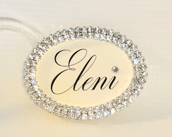 Personalized Gift Tag, Oval Nameplate, Wedding Sign, Marriage Date, Gift Tag, Rhinestone Edged, Hand Calligraphy, Personalized,