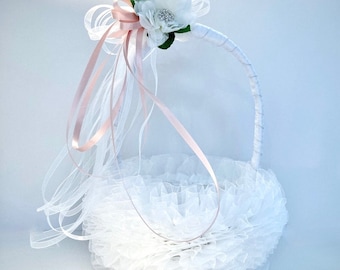 Flower Girl  Basket White Ruffles Pink Ribbons Petals Sparkles Flower Girl Basket, Toddler basket Custom Made, Elegantly.