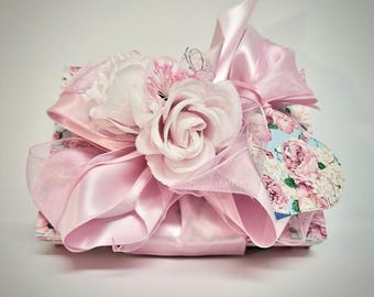 Handmade Gift Box Pink Flowers Pink Satin Ribbon with Matching Gift Tag Gift Box Jewelry Gift Cards Mothers Day Bridesmaids, Decorative Box