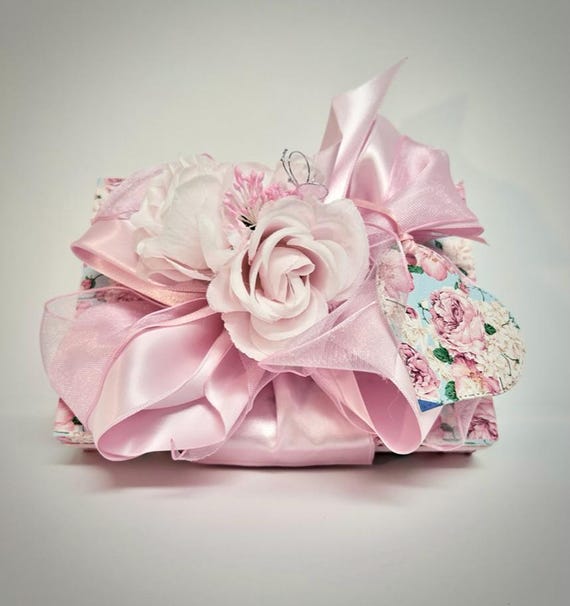Handmade Gift Box Pink Flowers Pink Satin Ribbon with Matching Gift Tag Gift Box Jewelry Gift Cards Mothers Day Bridesmaids, Decorative Box