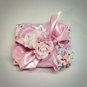 Handmade Gift Box Pink Flowers Pink Satin Ribbon with Matching Gift Tag Gift Box Jewelry Gift Cards Mothers Day Bridesmaids, Decorative Box image 2