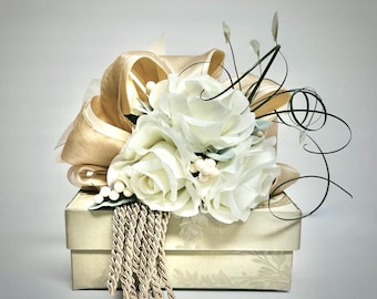 Handmade Floral Gift Box: Sage Green Damask fabric Bridesmaid Jewelry, Wedding Favor