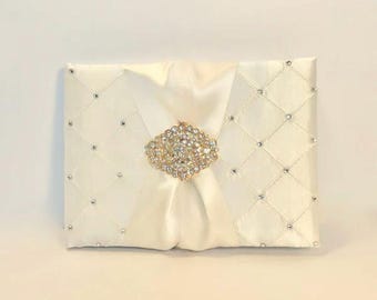 Handmade Ivory Pintuck Wedding Guest Book with Rhinestone Brooch