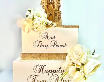 Princess Castle Wedding Card Box   - Off White Satin Gold Castle Wedding Event Card Collector