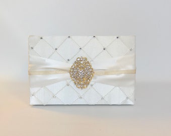Handmade Ivory Program Box: Rhinestone Floral Arrangement Cover