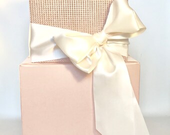 Wedding, Bridal Shower, Sweet Sixteen, Christening, Two Tier Blush and Rose Gold Wedding Card Box with Lock Ivory Pink  Wedding Card Holder
