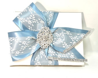 Guest Book, Rhinestones,DustyBlue Lace Guest Book, Ivory Guest Book, Rhinestones, Brooches, Custom, Handmade, Personalized