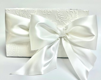 Handmade Off-White Bar Relief  Beautiful Large Bow Program Box: Rhinestone Floral Vase Cover