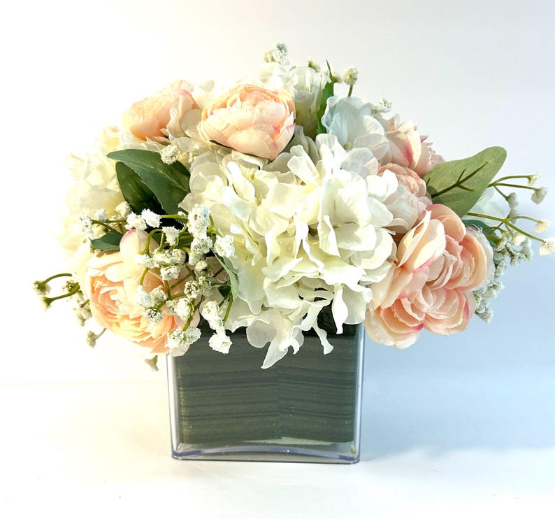 Ranunculus Hydrangea Babys Breath Faux Flower Centerpiece Mothers Day Wedding Day Holiday Centerpiece Home Decor Interior Design