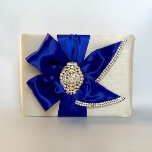 Wedding Guest Book, Rhinestones,Royal Blue Guest Book, Ivory Guest Book, Rhinestones, Brooches, Custom, Handmade, Personalized