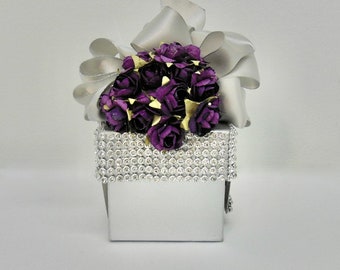 2" Cube Truffle Diamond Ring Pre-wrapped Gift Box in Silver and Purple Rhinestones Roses Ivory Ribbon All Occasion Gift Box