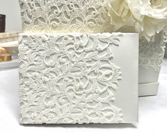 Handmade Ivory Lace and Satin Wedding Guest Book with Rhinestone Brooch