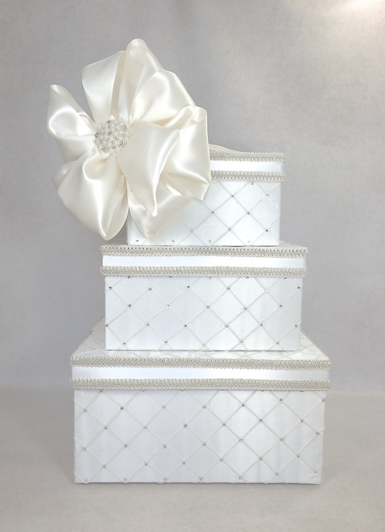 OFF-WHITE only Dramatic Quilted Diamonds Wedding Card Box Wedding Card Holder With Secure Lock White image 3