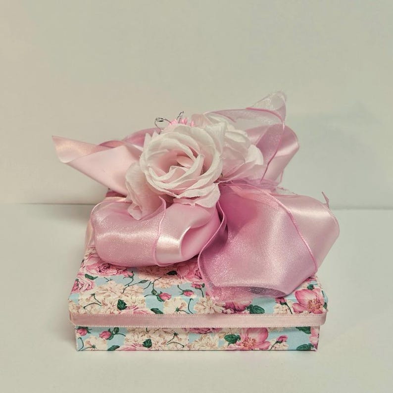 Handmade Gift Box Pink Flowers Pink Satin Ribbon with Matching Gift Tag Gift Box Jewelry Gift Cards Mothers Day Bridesmaids, Decorative Box image 5