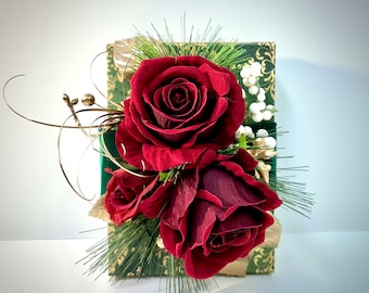 Handmade Christmas Gift Box, Red Roses, Green & Gold Wrap