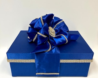 Royal Blue Satin Gift Box: Handmade Rhinestone Bow, Wedding Shoe Box