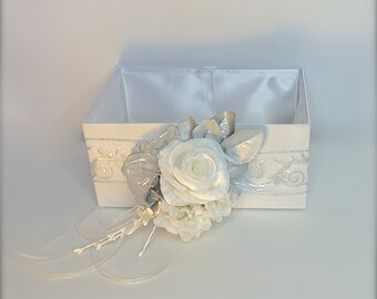 Handmade White Satin Program Box: Floral Arrangement Cover