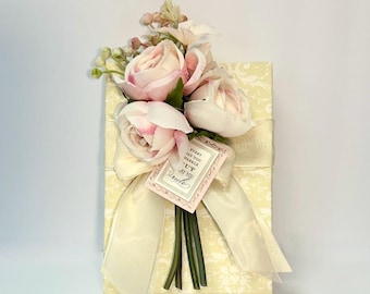 Handmade Floral Gift Box: Cream Pink & Green Wedding Favor Birthday Gift  (7x5x1)