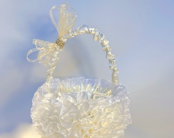 Off White and Cream Satin Basket  Ruffles Gold rhinestones Petals Sparkles Flower Girl Basket, Toddler basket Custom Made, Elegantly.