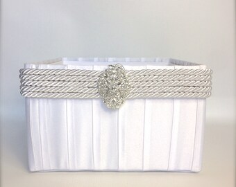 Handmade White Shantung Box: Rhinestone Brooch, Elegant Decor