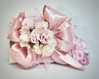 Handmade Pink Flowers Pink Satin Ribbon with Matching Gift Tag Gift Box Favors Jewelry Gift Cards Mothers Day Bridesmaids, Decorative Boxes
