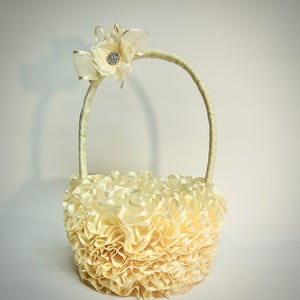 Peut inclure: Un panier cr&egrave;me avec un design &agrave; volants et une poign&eacute;e incurv&eacute;e. Le panier est orn&eacute; d'une fleur cr&egrave;me et d'une d&eacute;coration scintillante. La poign&eacute;e est envelopp&eacute;e d'un mat&eacute;riau cr&egrave;me assorti. Ce panier d&eacute;coratif convient aux mariages ou &eacute;v&eacute;nements sp&eacute;ciaux.