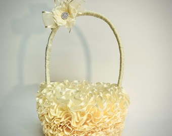 Antique Ivory Ruffle Flower Girl Basket: Rhinestone and hydrangea bud Accent