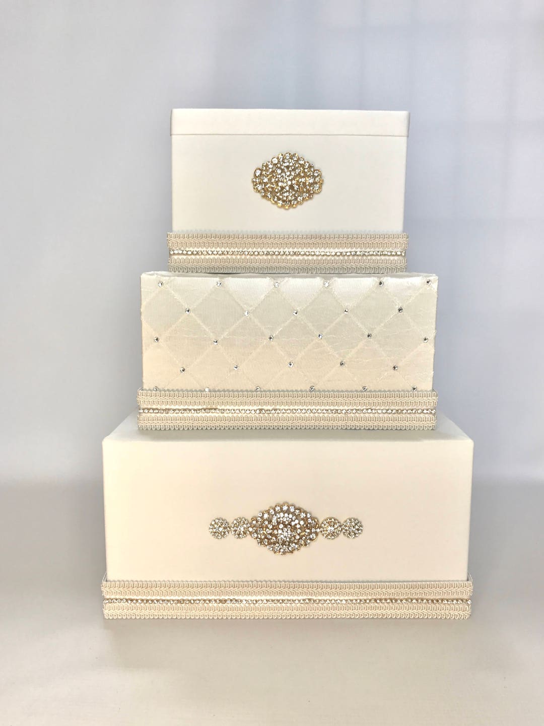 OFF-WHITE Satin Wedding Card Box With Rhinestone Brooches & Lock - Etsy