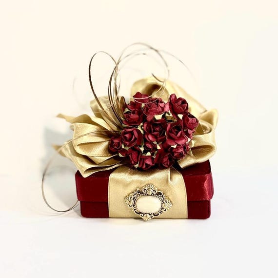 Deep Red Velvet Gift Box: Gold Ribbon, Rhinestone Accent - Etsy display picture 1