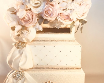 Dusty Miller Lambs Ear Lace Blush Wedding Card Box with Lock Pale Pink Peach Ivory 3 Tiers Locked Secure Wedding Card Holder Unique Elegant