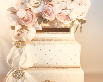 Dusty Miller Lambs Ear Lace Blush Wedding Card Box with Lock Pale Pink Peach Ivory 3 Tiers Locked Secure Wedding Card Holder Unique Elegant