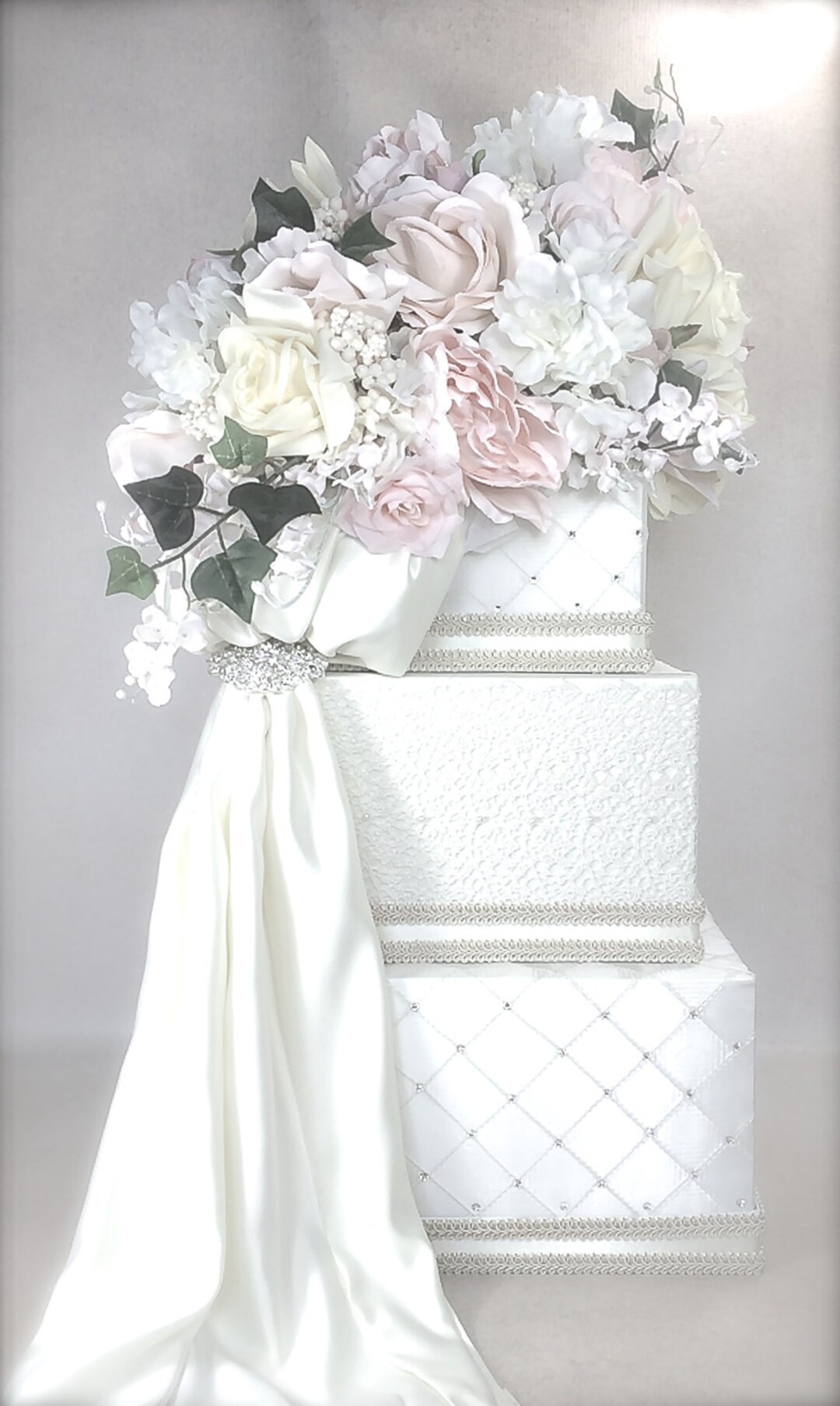 Lace Wedding Card Box With Lock :OFF-WHITE Taffeta, Rhinestone Brooch ...