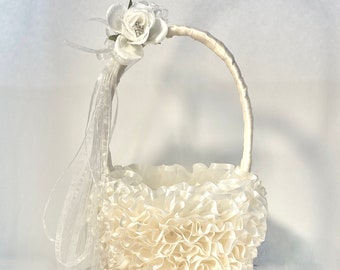 Ruffles, Satin, Ballerina Petals, Ivory, Sparkles, Flower Girl Basket,  Handmade, Custom Made, Elegantly.