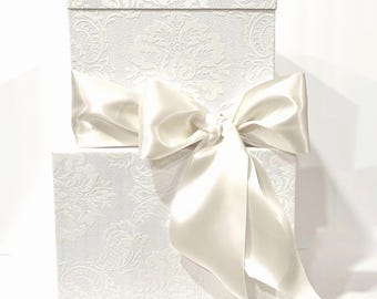 OFF-WHITE  Textured Wedding Card Box with Lock & Ribbon Handmade Secure Large Bow