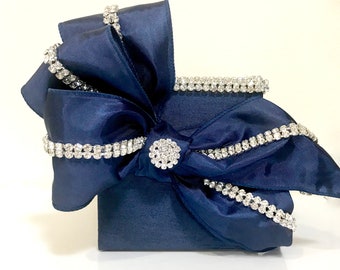 Navy Rhinestone Wedding Pen Holder: Elegant Bridal Gift Box