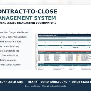 Real Estate Transaction Coordinator Spreadsheet, Contract to Close Tracker, Deadline and Document Management System