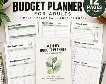 Könnte beinhalten: Ein 12-seitiger, druckbarer ADHS-Budgetplaner für Erwachsene mit verschiedenen Finanzübersichten, darunter ein Monatsbudget, Ausgabenprotokoll, Spar-Tracker, Schulden-Tracker, wöchentlicher Finanzcheck und Jahresübersicht mit grünen Blattmotiven.