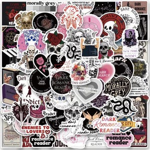May include: A collection of stickers with a dark romance theme. The stickers feature skulls, roses, hearts, books, and phrases like "Dark Romance Reader" and "Morally Grey." The color palette includes black, white, pink, and red.