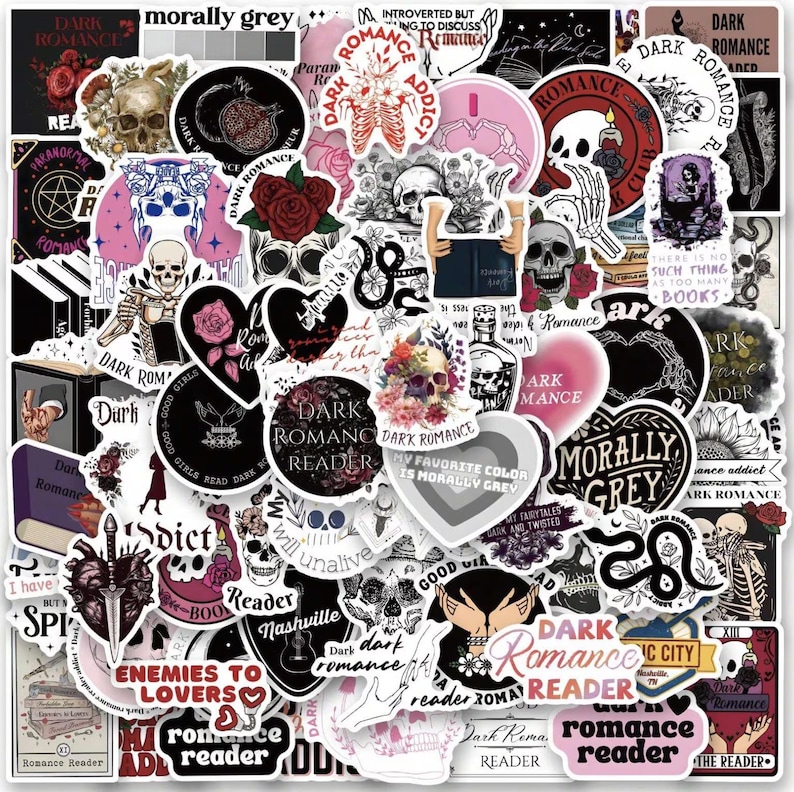 May include: A selection of stickers with a dark romance theme. The stickers feature skulls, roses, hearts, books, and phrases like "Dark Romance Reader" and "Morally Grey." The colour palette includes black, white, pink, and red.