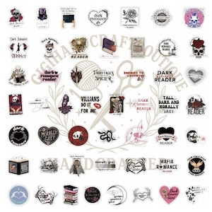 May include: A selection of stickers with a dark romance theme. The stickers feature skulls, roses, books, hearts, and phrases like "Dark Romance Reader" and "Villains Do It For Me." The colour palette includes black, white, and red.