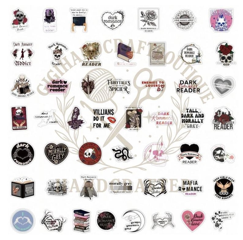May include: A selection of stickers with a dark romance theme. The stickers feature skulls, roses, books, hearts, and phrases like "Dark Romance Reader" and "Villains Do It For Me." The colour palette includes black, white, and red.
