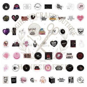 May include: A selection of stickers with a dark romance theme. The stickers feature skulls, hearts, roses, books, and phrases like "Dark Romance Reader" and "Dark Romance Addict". The colour palette includes black, white, and pink.